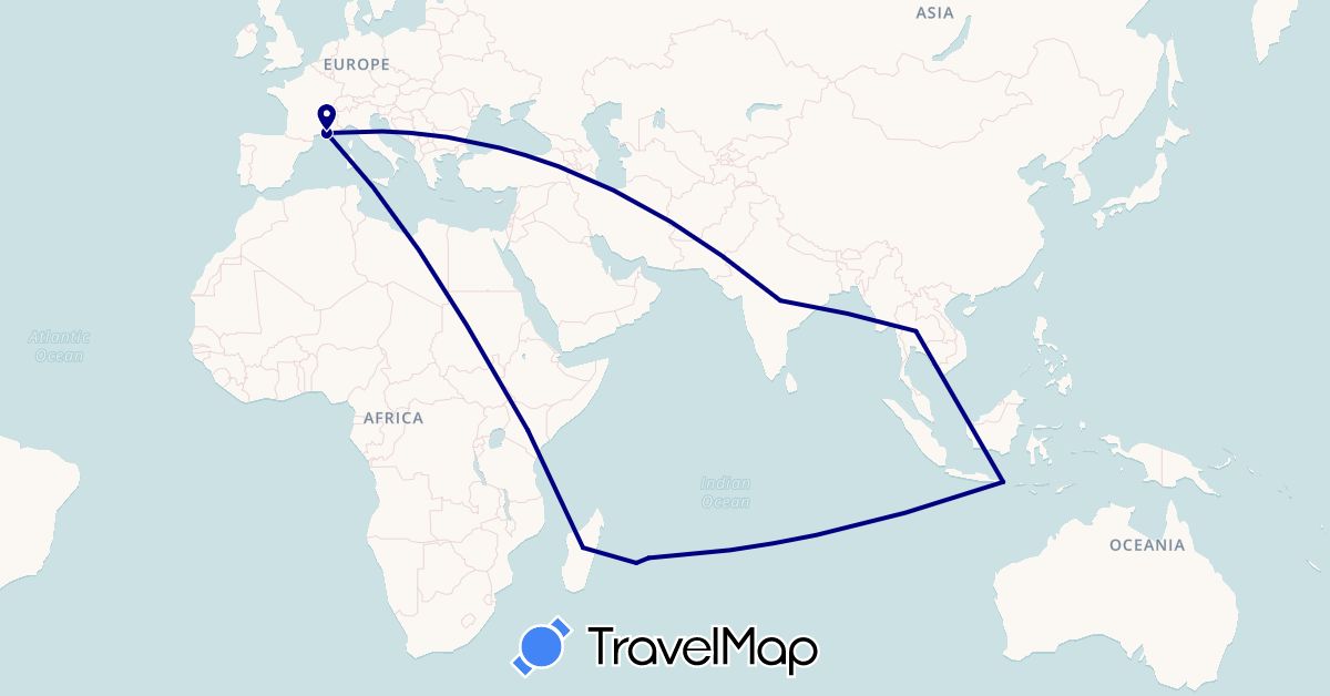 TravelMap itinerary: driving in France, Indonesia, India, Kenya, Madagascar, Mauritius, Réunion, Thailand (Africa, Asia, Europe)